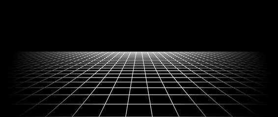 Fading wireframe grid. Vanishing checkered tile floor landscape. Disappearing horizontal chessboard plane in perspective. Black and white flat lattice surface background. Vector illustration 