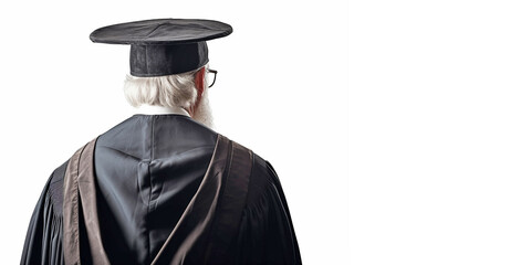 A respectable elderly professor in a square academic cap and study gown, viewed from the back in close-up and on an isolated background. Generative AI