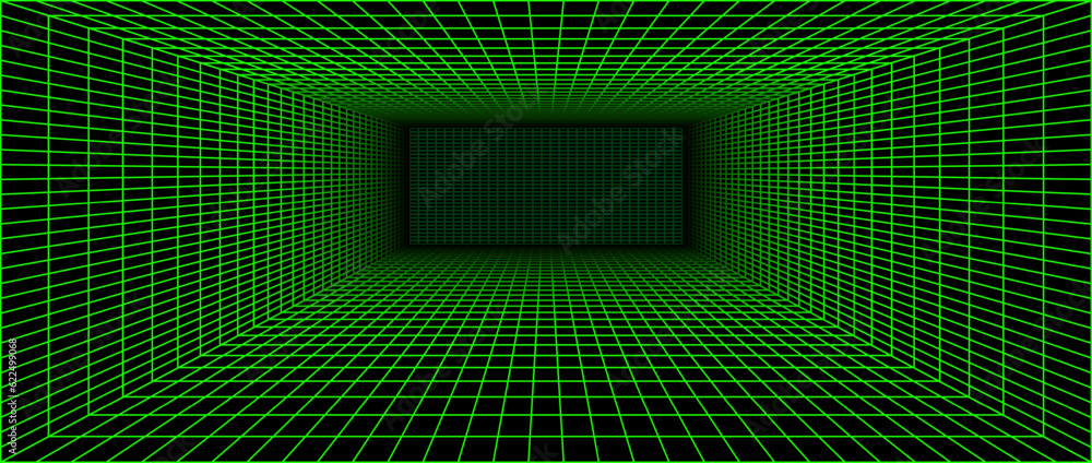 Poster neon green wireframe grid room. 3d perspective background. futuristic digital outline space. geometr