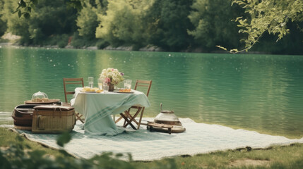 Having a picnic near a lake