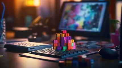 Fototapeta na wymiar Rubik on the desk with keyboard and mouse