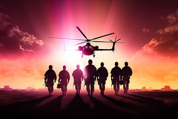 Fototapeta na wymiar Silhouette of a group of soldier and a helicopter in the sunset