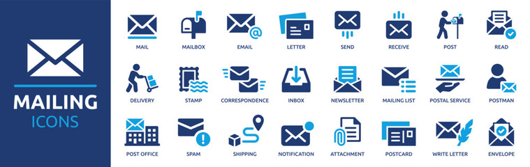 Mailing icon set. Containing mail, email, mailbox, letter, send, receive, post office and envelope icons. Solid icon collection. Vector illustration. - obrazy, fototapety, plakaty