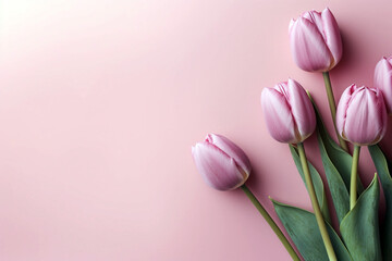 Bouquet of pink tulips flower on pink background. Top view background with copy space illustration
