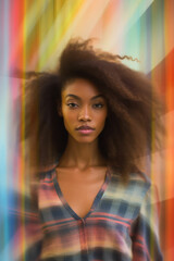 Beautiful skinny young african american woman on blur soft colorful background. 