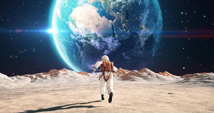 Astronaut On An Alien Planet Running To His Base. Planet Earth Is Visible. Space Related Majestic Scene. Slow Motion.