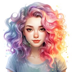 Fototapeta premium Cute young woman portrait with colorful hair, watercolor portrait, isolated on white background.