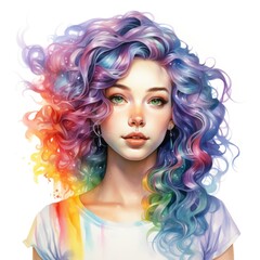 Fototapeta premium Cute young woman portrait with colorful hair, watercolor portrait, isolated on white background.