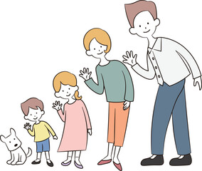 手を振りながら集合している家族とペットのイラスト素材