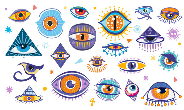 Magical witchcraft eyes, esoteric and occult magic symbols of oracle providence, cartoon vector. Witchcraft and clairvoyant signs of Horus eye and Egypt pyramid for magic divination or mystery amulets