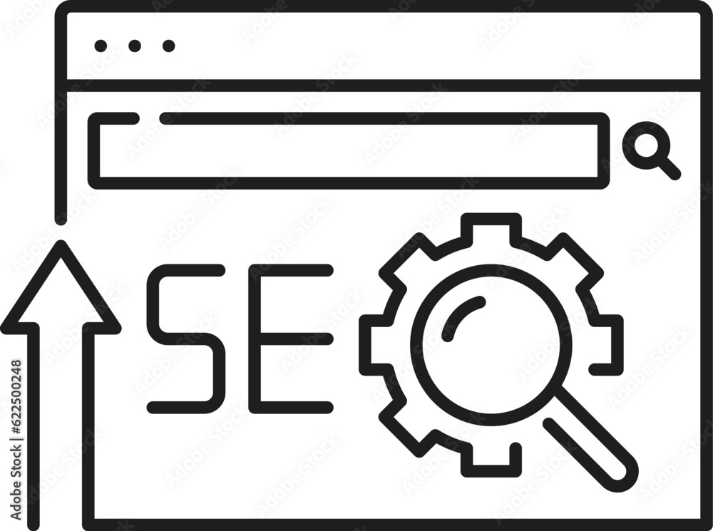 Poster seo optimization, serp icon of search engine result page, web marketing vector line pictogram. seo i
