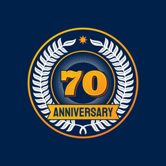 Fototapeta premium Birthday badge and label anniversary, jubilee seal or party number mark, vector banner. 70 years anniversary emblem with ribbon and star, 70th birthday, business or wedding jubilee celebration wreath