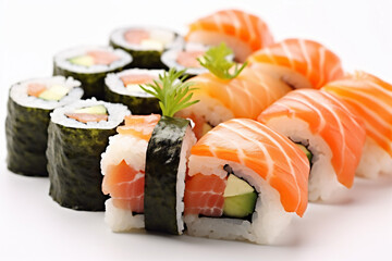 food roll sushi japanese rice white set fish background healthy seafood. Generative AI.