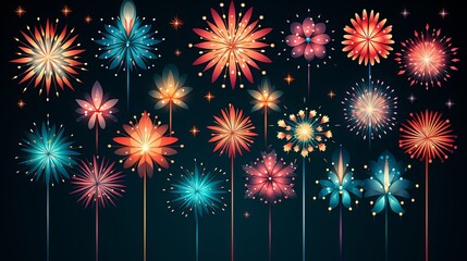 Fireworks in different style, type and colors. Each firework is individually grouped. Change color to the firework is easy, simply select the firework and change the gradient's color.