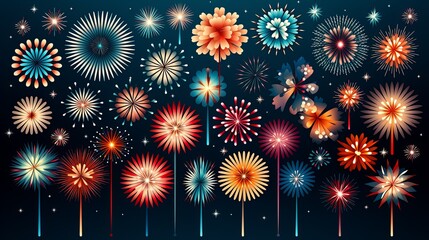 Fireworks in different style, type and colors. Each firework is individually grouped. Change color to the firework is easy, simply select the firework and change the gradient's color.