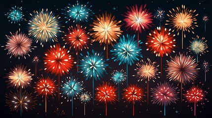 Fireworks in different style, type and colors. Each firework is individually grouped. Change color to the firework is easy, simply select the firework and change the gradient's color.