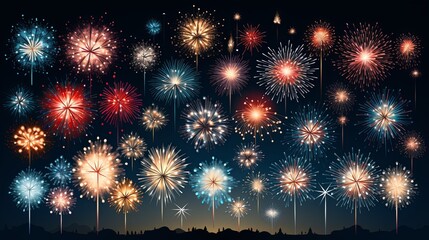 Fireworks in different style, type and colors. Each firework is individually grouped. Change color to the firework is easy, simply select the firework and change the gradient's color.