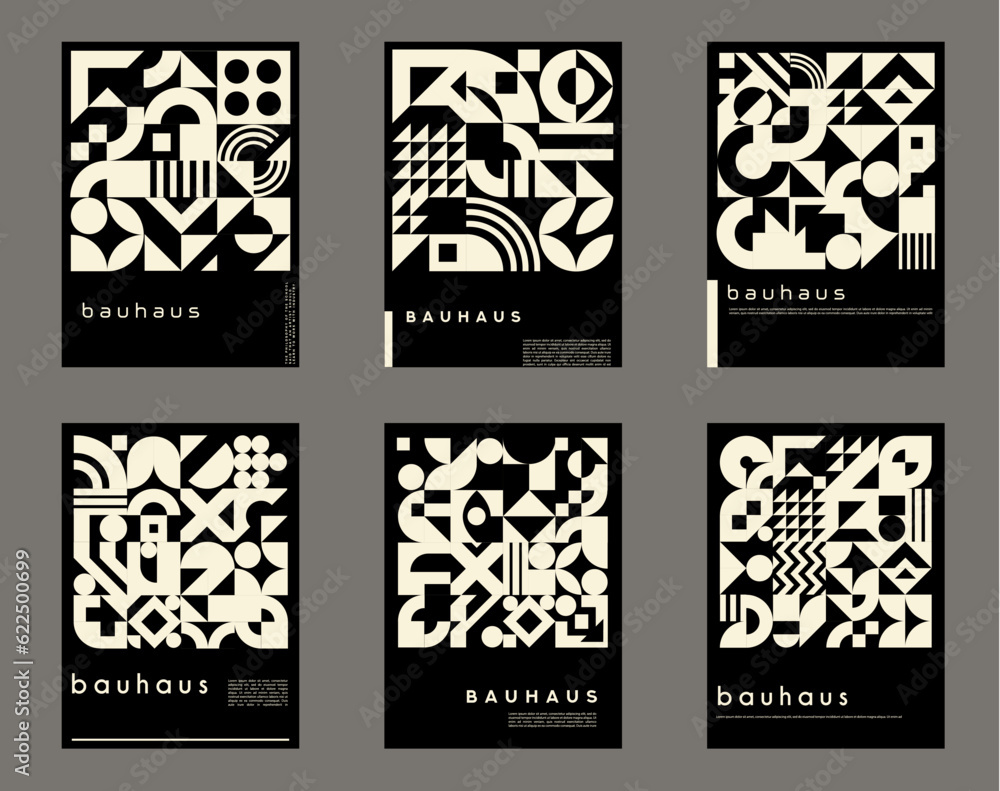 Poster Monochrome abstract geometric posters with bauhaus pattern. Minimal graphic shapes vector background with black and white collage of circles, squares and triangles, dots and zigzag geometric elements