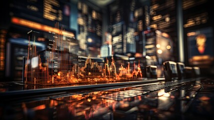 Plexus bar chart digital with city background