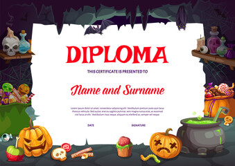 Halloween kids diploma with witch cave, holiday sweets and pumpkin. Vector appreciation school or kindergarten certificate with cartoon cauldron, jack lanterns, bats and potion bottles, award frame