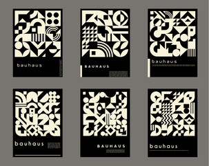 Monochrome abstract geometric posters with bauhaus pattern. Minimal graphic shapes vector background with black and white collage of circles, squares and triangles, dots and zigzag geometric elements