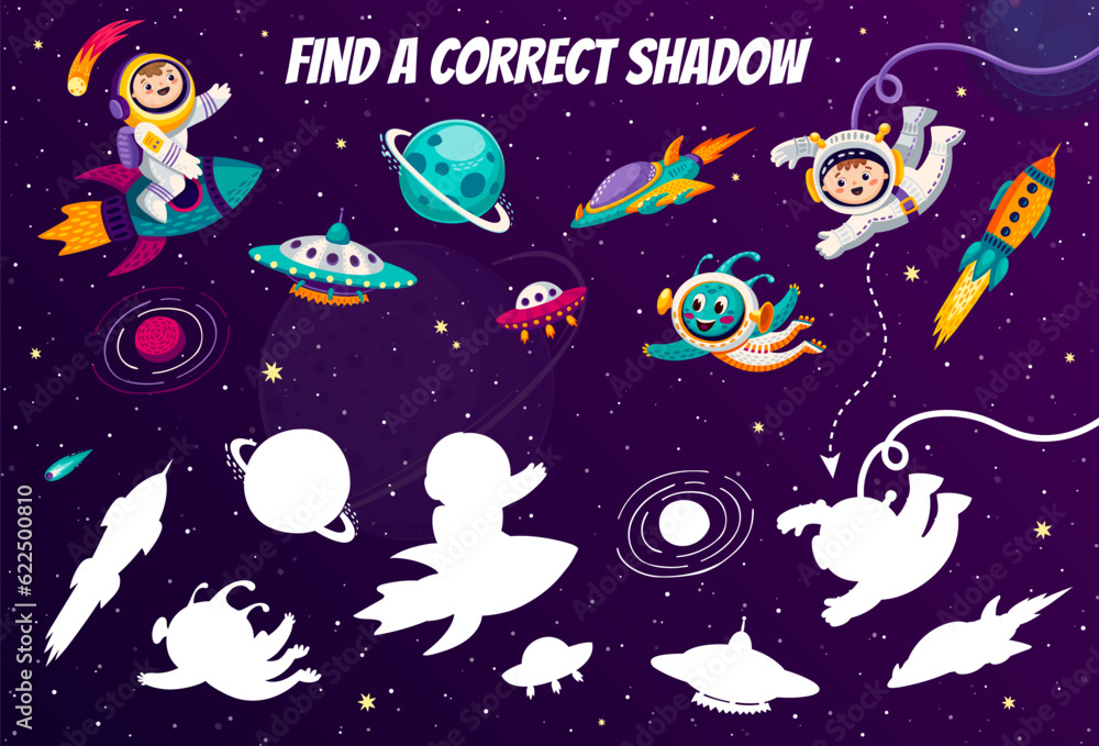 Poster find correct shadow in galaxy space, cartoon kid astronaut, alien ufo and spaceship rocket with spac