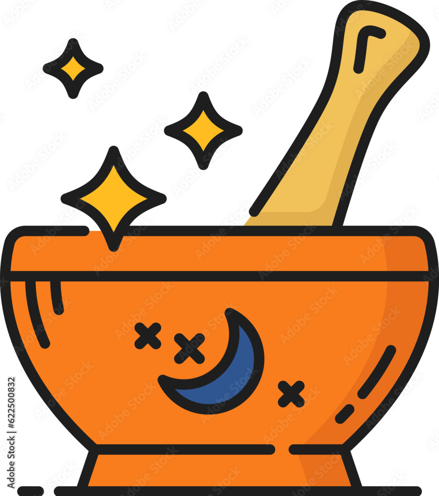 Poster magic mortar witchcraft and magic icon. isolated vector linear sign. enchanting fantasy grinder with