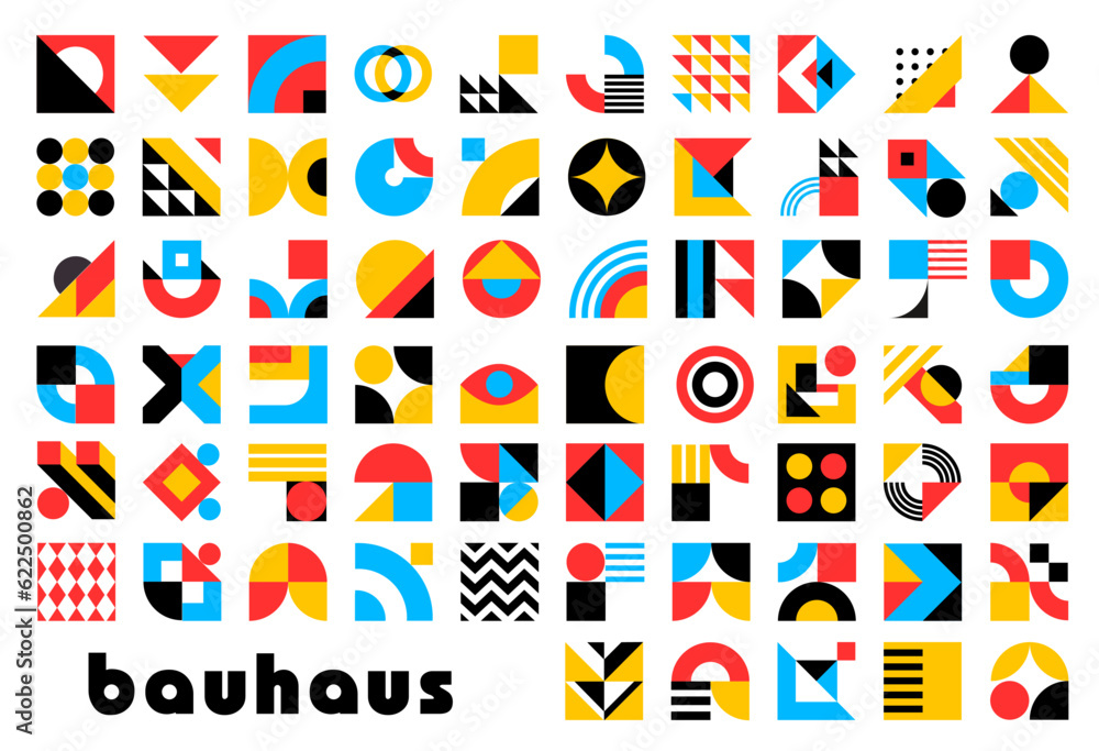 Poster abstract geometric bauhaus elements. vector modern graphic shapes and forms set. color circles, squa