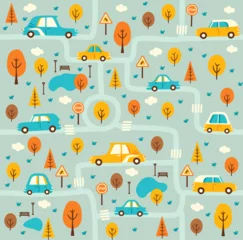 Wall murals Cartoon cars Kid car seamless pattern with roads, trees and vehicles. Cartoon town map vector background with streets, transport traffic, road signs, cars and auto, park alleys, lake. Childish wallpaper backdrop