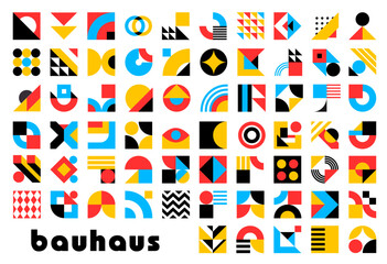 Abstract geometric bauhaus elements. Vector modern graphic shapes and forms set. Color circles, squares and triangles, lines, crosses, dots and zigzag bauhaus mosaic pattern elements - obrazy, fototapety, plakaty