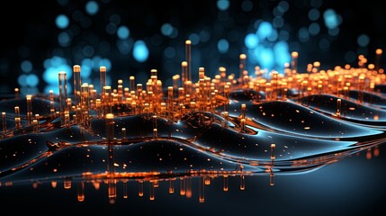 Digital generated image of abstract flowing data ramp made out of numbers and glowing blue splines moving up on black background.