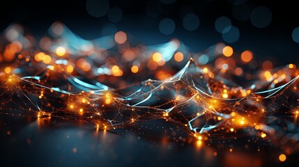 Digital generated image of abstract flowing data ramp made out of numbers and glowing blue splines moving up on black background.