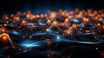 Digital generated image of abstract flowing data ramp made out of numbers and glowing blue splines moving up on black background.