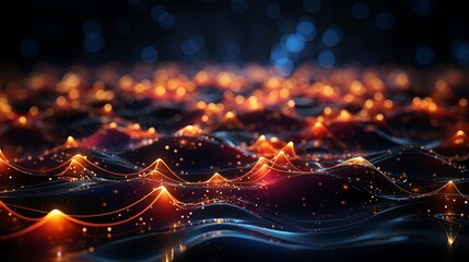 Digital generated image of abstract flowing data ramp made out of numbers and glowing blue splines moving up on black background.