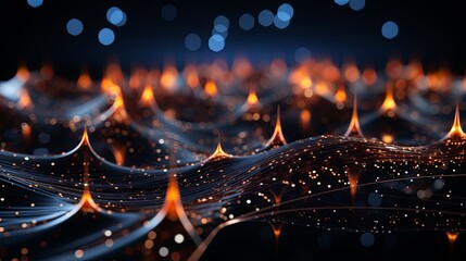 Digital generated image of abstract flowing data ramp made out of numbers and glowing blue splines moving up on black background.