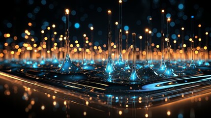 Digital generated image of abstract flowing data ramp made out of numbers and glowing blue splines moving up on black background.