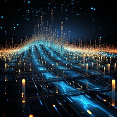 Digital generated image of abstract flowing data ramp made out of numbers and glowing blue splines moving up on black background.