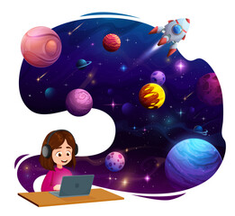 Child girl sitting with laptop and dreaming about space and galaxy discovery captivated by endless possibilities and wonders of the Universe. Cartoon vector kid character research cosmos and astronomy