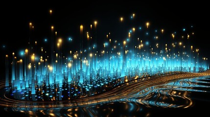 Digital generated image of abstract flowing data ramp made out of numbers and glowing blue splines moving up on black background.