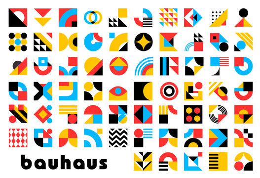 Abstract geometric bauhaus elements. Vector modern graphic shapes and forms set. Color circles, squares and triangles, lines, crosses, dots and zigzag bauhaus mosaic pattern elements