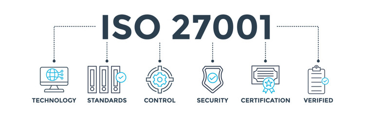 ISO 27001 banner web icon vector illustration concept for information security management system (ISMS) with an icon of technology, standards, control, security, certification, and verified