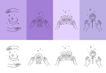 Mystic tattoo with hands, moon, tarot cards and roses. Vector thin line boho symbols of magic crystal balls, stars, crescents, flowers and esoteric eyes. Spiritual objects of alchemy and astrology