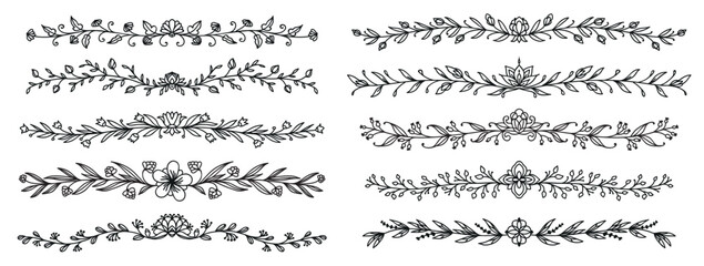 Floral wedding dividers, flourish vignettes and separators, borders and delimiters. Vector flower ornament dividers with rose vines, leaves and blossoms, garden plant branches and elegant flourishes