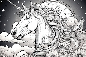 unicorn with wings coloring pages, in the style of detailed background elements, realistic, engraved line-work