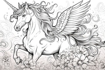 Fototapeta premium unicorn with wings coloring pages, in the style of detailed background elements, realistic, engraved line-work