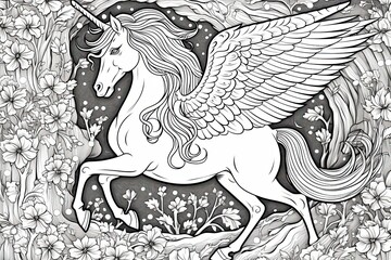 unicorn with wings coloring pages, in the style of detailed background elements, realistic, engraved line-work