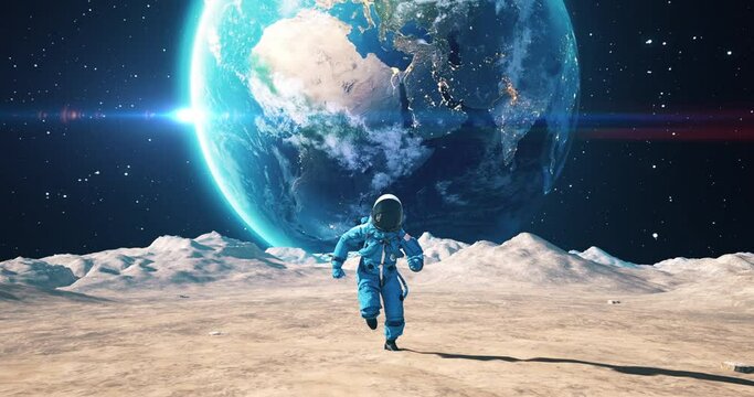 Brave Astronaut Running On The Surface Of The Satellite Moon Among Craters. Planet Earth Is Visible In Sky.
