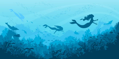 Papier peint photo Sirène Underwater sea landscape with mermaid silhouettes, cartoon fairy tale undersea, vector background. Ocean fantasy world with underwater silhouettes of mermaids with dolphins, stingray and fishes in sea  © Vector Tradition
