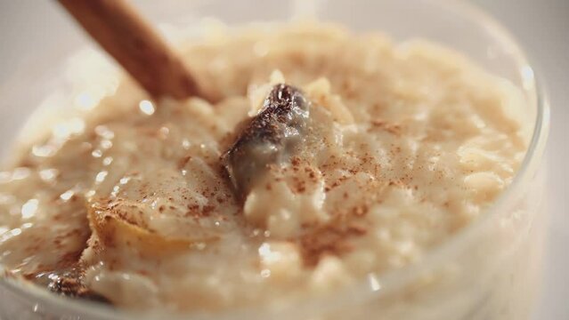 Peruvian rice pudding close shot, traditional peruvian dessert arroz con leche...delicious