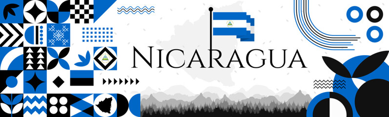 Nicaragua Independence Day abstract banner design with flag and map. Flag color theme geometric pattern retro modern Illustration design. Blue flag color template.